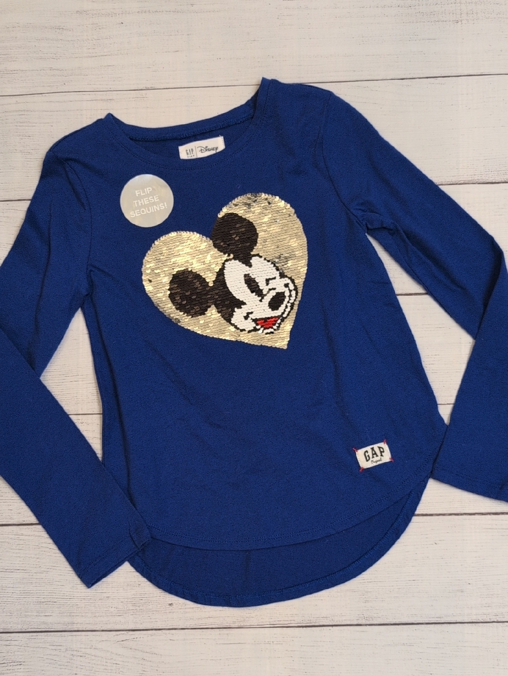 GAP Royal Blue Girls' Long Sleeve Sequin Mickey Heart Top